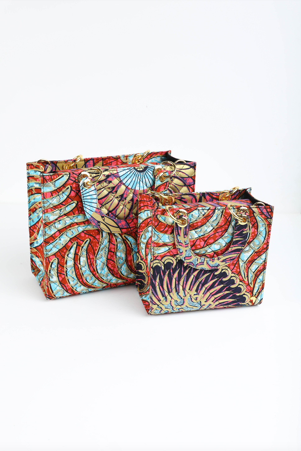Wiz 23 | Pink with Blue and Gold Geometrics | Small Quilted Ankara Tote Bag