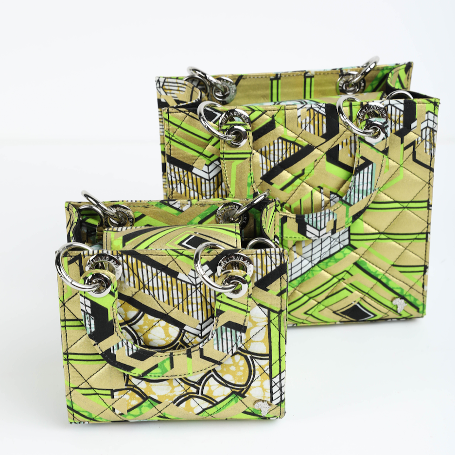 Wiz 17 | Gold with Lime Green Geometrics | Micro Quilted Ankara Tote Bag