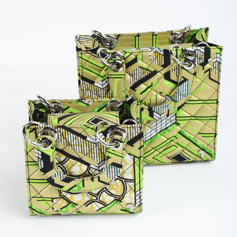 Wiz 23 | Gold with Lime Green Geometrics | Small Quilted Ankara Tote Bag