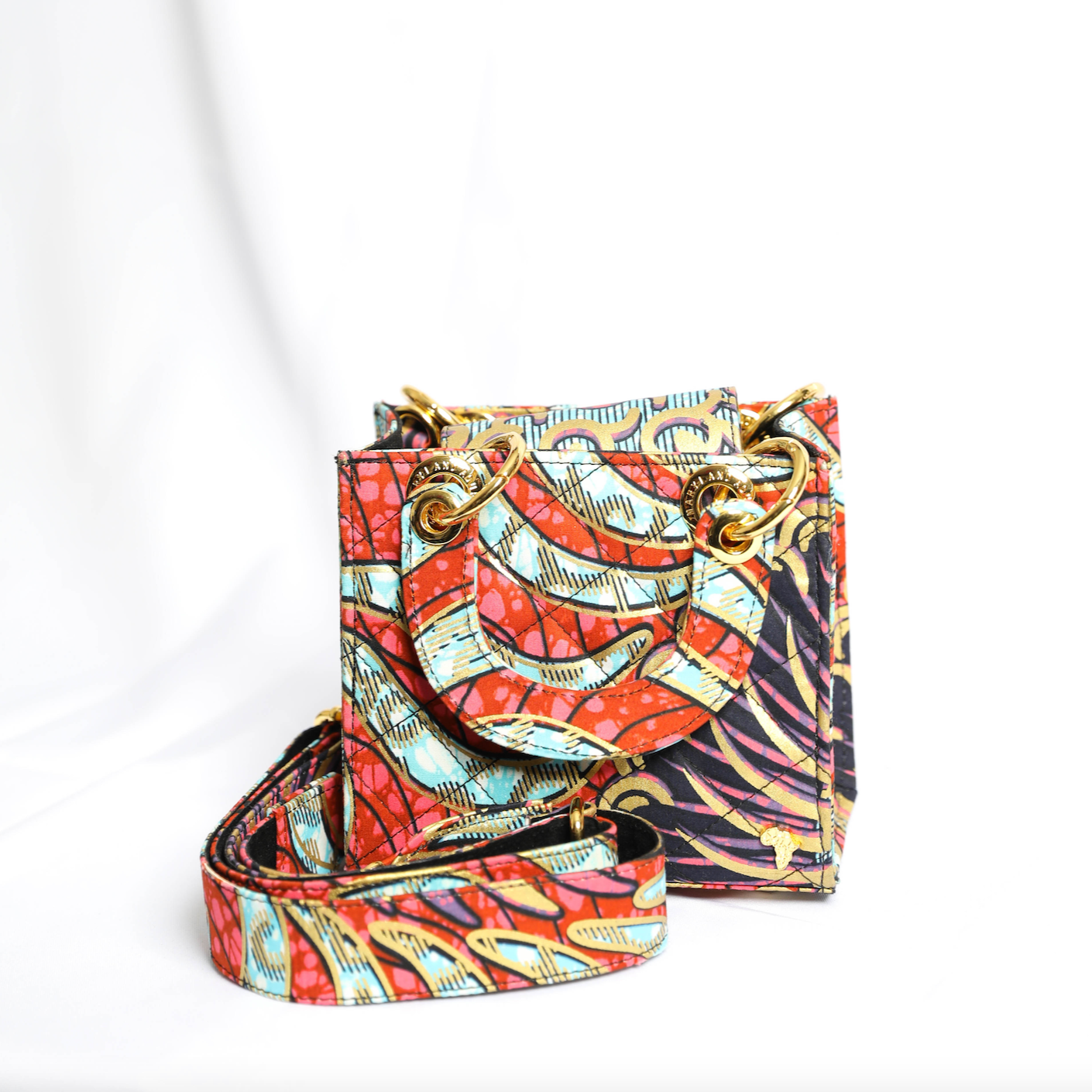 Wiz 17 | Pink with Blue and Gold Geometrics | Micro Quilted Ankara Tote Bag