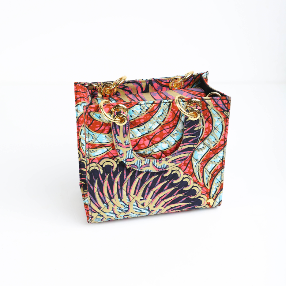 Wiz 23 | Pink with Blue and Gold Geometrics | Small Quilted Ankara Tote Bag