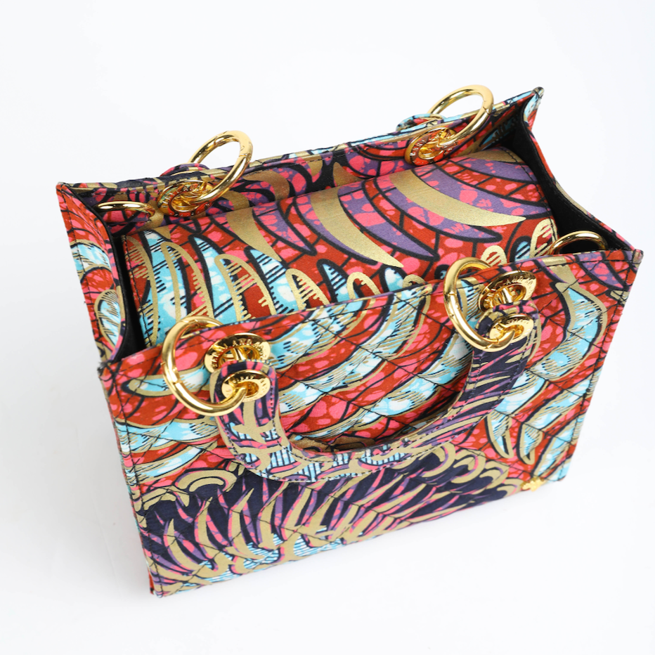 Wiz 23 | Pink with Blue and Gold Geometrics | Small Quilted Ankara Tote Bag