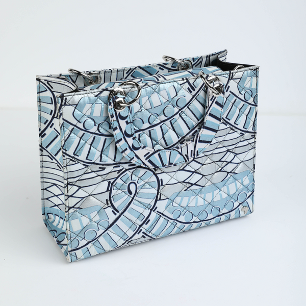 Wiz 32 | Metallic Light Blue Geometric | Medium Quilted Ankara Tote Bag