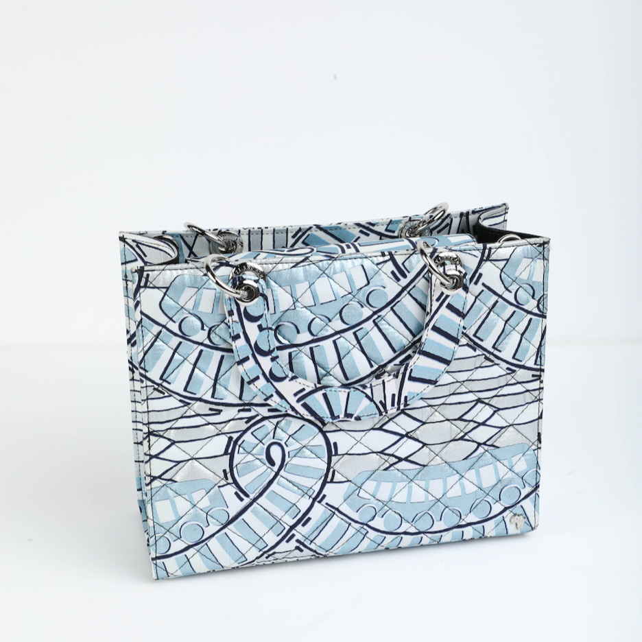 Wiz 23 | Metallic Light Blue Geometric | Small Quilted Ankara Tote Bag
