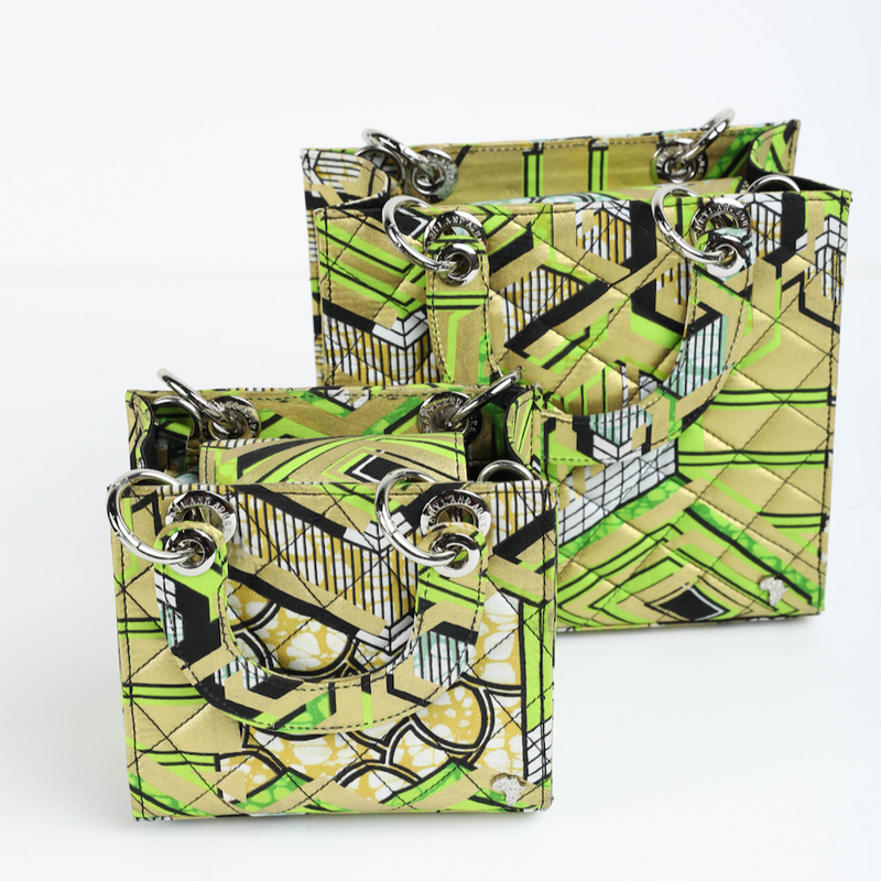 Wiz 17 | Gold with Lime Green Geometrics | Micro Quilted Ankara Tote Bag