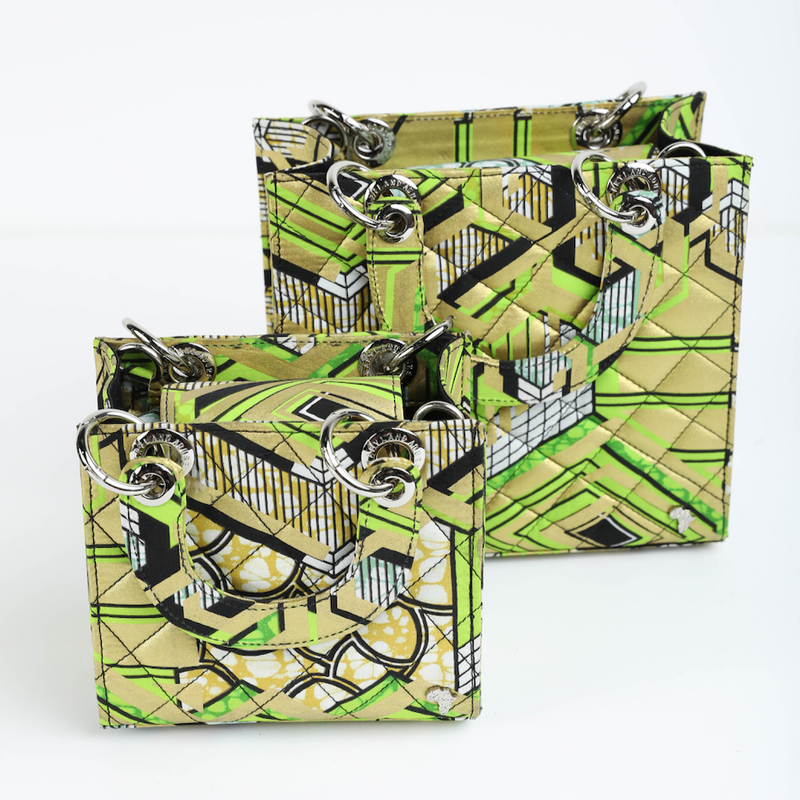 Wiz 23 | Gold with Lime Green Geometrics | Small Quilted Ankara Tote Bag