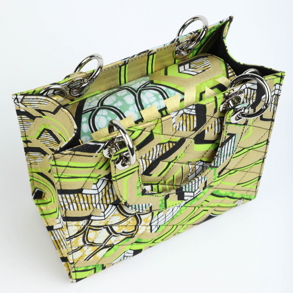 Wiz 23 | Gold with Lime Green Geometrics | Small Quilted Ankara Tote Bag