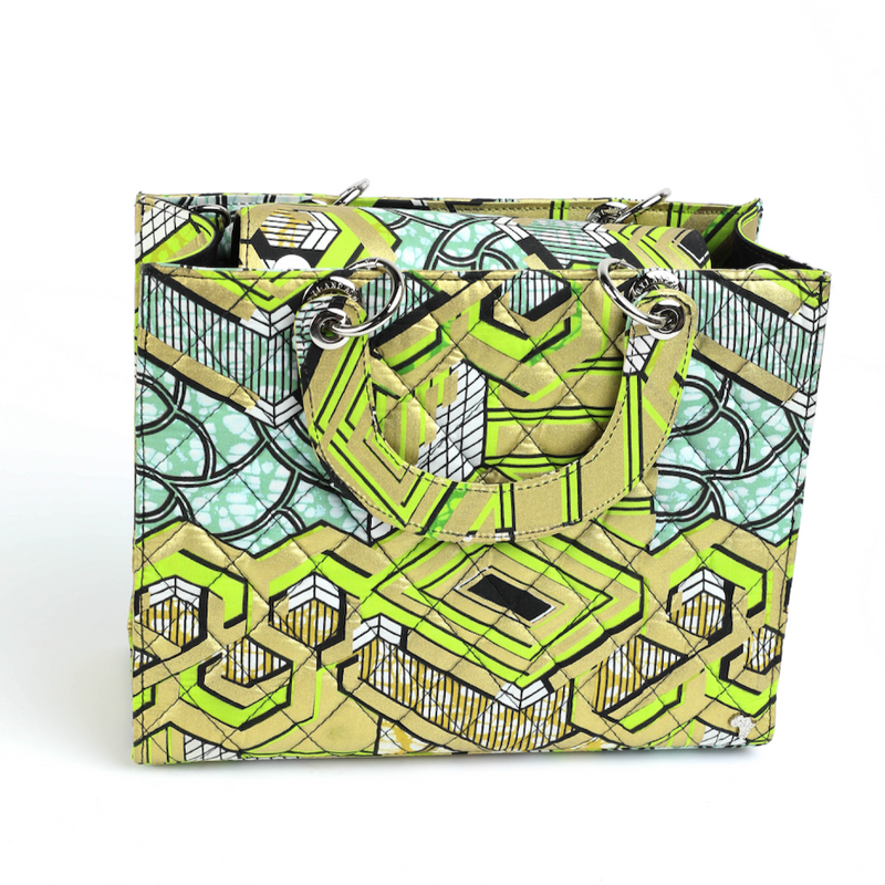 Wiz 32 | Gold with Lime Green Geometrics | Medium Quilted Ankara Tote Bag