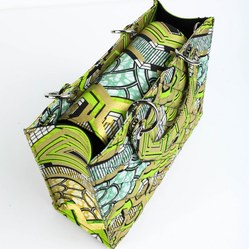 Wiz 32 | Gold with Lime Green Geometrics | Medium Quilted Ankara Tote Bag