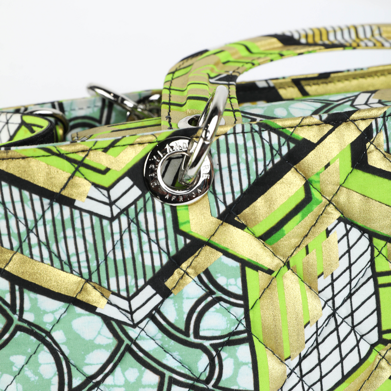 Wiz 32 | Gold with Lime Green Geometrics | Medium Quilted Ankara Tote Bag