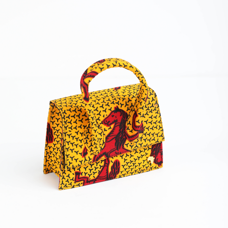 GG 18 | Mustard Yellow with Red Jumping Horse | Micro Ankara Trapezoid Top-Handle Bag