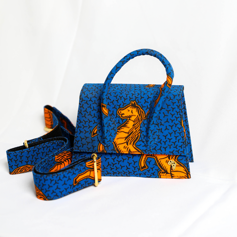 GG 18 | Orange with Royal Blue Jumping Horse | Micro Ankara Trapezoid Top-Handle Bag
