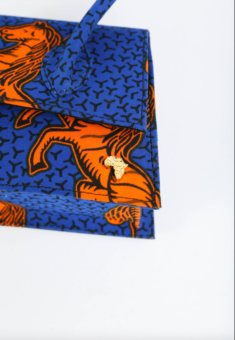 GG 18 | Orange with Royal Blue Jumping Horse | Micro Ankara Trapezoid Top-Handle Bag