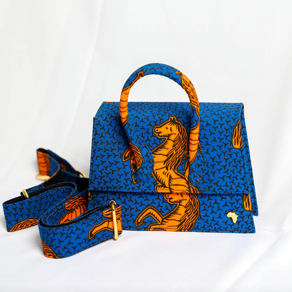 GG 21 | Orange with Royal Blue Jumping Horse | Mini Ankara Trapezoid Top-Handle Bag