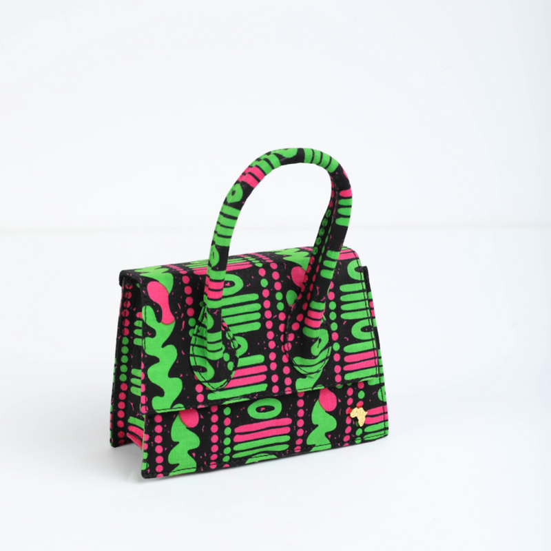 GG 18 | Pink and Green Tribal | Micro Ankara Trapezoid Top-Handle Bag