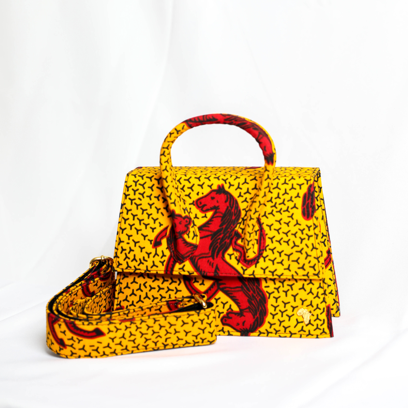 GG 21 | Mustard Yellow with Red Jumping Horse | Mini Ankara Trapezoid Top-Handle Bag